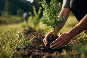 person wearing gardening gloves carefully plants a young pine tree into the soil with morning sunlight