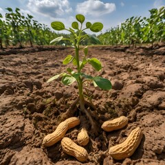 Young Peanut Plant in Dry Soil with Surrounding Pods