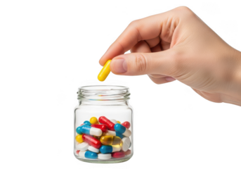Hand taking a yellow capsule out of a glass jar filled with colorful pills, isolated on transparent background