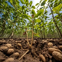 Young Peanut Plant Growing in Soil with Blue Sky Background