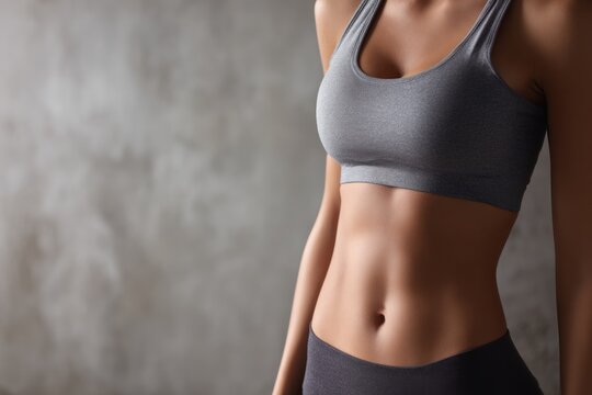 Close up of toned female torso in athletic wear against gray background.