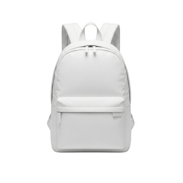 A clean white canvas backpack with multiple compartments and adjustable straps isolated on transparent background