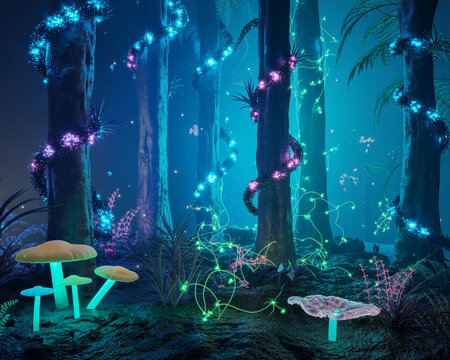 Enchanted Forest with Bioluminescent Flora and Glowing Mushrooms
