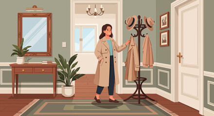 Elegant interior scene with a woman preparing to leave her home in style