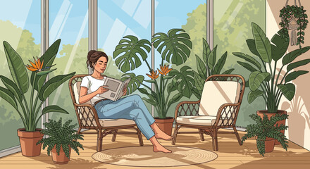 Relaxing woman enjoying tranquility while reading in a lush indoor garden setting