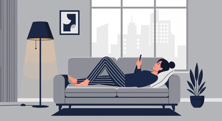 Woman relaxing on couch using phone in urban apartment setting with city view