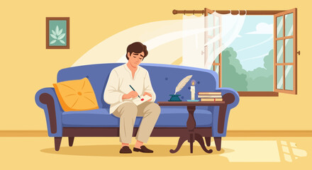 Pensive author composes letter illuminated by window sunlight in tranquil setting