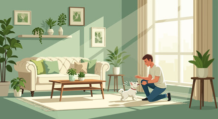 Serene Indoor Scene: Man Bonding with Dog in a Light-Filled Living Room