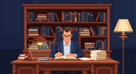 Intelligent writer researching and planning in cozy classic office space