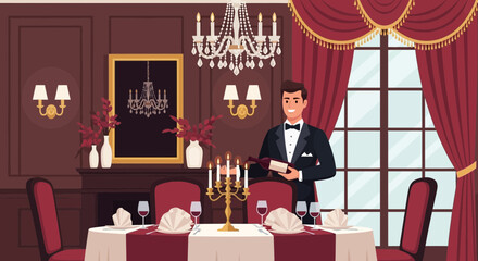 Elegant waiter serving in a classically decorated luxurious dining room scene