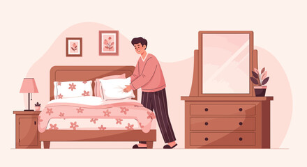 Morning routine: A man making his bed in a cozy bedroom interior scene