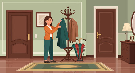 A Woman Arranging Coats in a Cozy, Well-Appointed Foyer with Vintage Charm