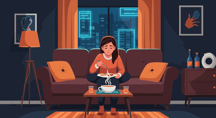 Illustration of a young woman eating alone in a cozy apartment at night