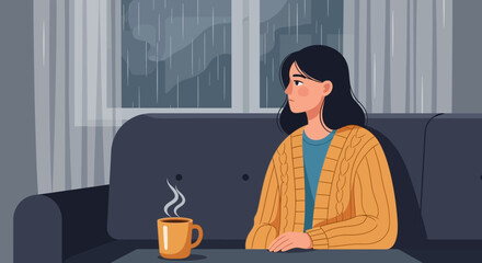 Melancholy moment, woman contemplating on a rainy day in her cozy home