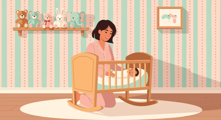 Tranquil moment: A caring mother watches over her sleeping baby in the nursery