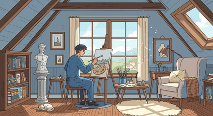 Artist creating landscape art in attic studio with tranquil and cozy atmosphere