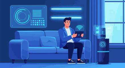 Smart Home Integration: Man Relaxing on Couch with Tablet, Connected Technology
