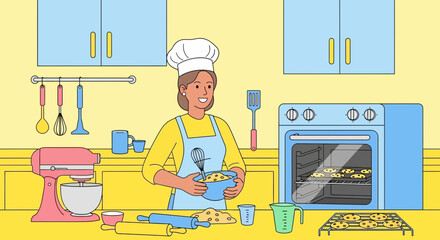 Illustration of a woman baking cookies in the kitchen with various utensils