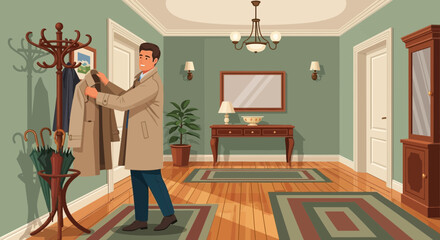 Man arriving home, hanging coat in elegant vintage styled hallway cartoon illustration