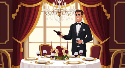 Elegant dining experience presented by a refined sommelier in a luxurious setting