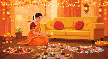 Diwali Celebrations: A Woman in Saree Lighting Diyas Amidst Festive Decorations