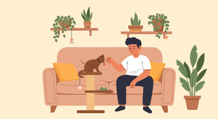 Cozy moment of joy: Man interacting with his cat in a stylish interior setting