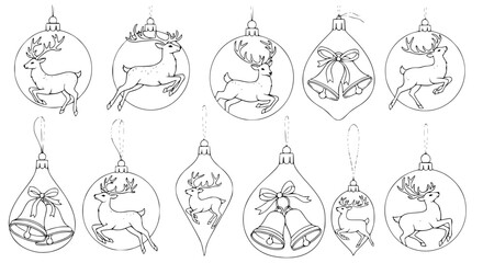Holiday ornaments with reindeers and bells drawn in thin black lines on white background
