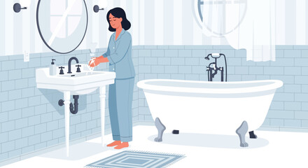 Cartoon illustration of a woman washing her hands in a classic bathroom setting