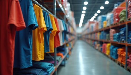 Rows of colorful apparel hang on racks, stack on shelves inside large warehouse facility. Products for retail sale fill storage space with organized inventory ready for distribution. Modern industry