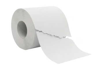 A roll of white toilet paper with a torn end is isolated on transparent background, suggesting usage