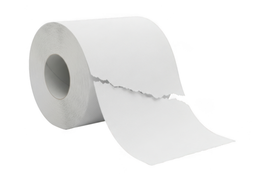 A roll of white toilet paper with a torn end is isolated on transparent background, suggesting usage