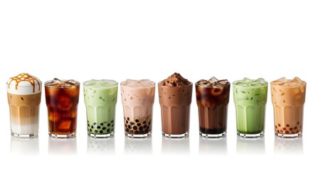 Assorted iced drinks in glass cups on white background – coffee, milk tea, matcha, chocolate, bubble tea.