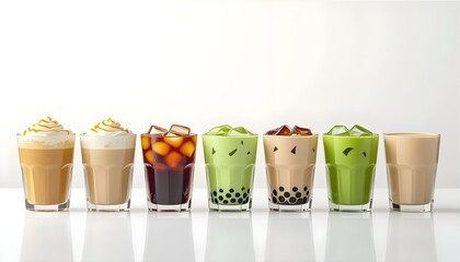 Assorted iced coffee and milk tea drinks in glass cups on white background – caramel, matcha, bubble tea, cold brew.
