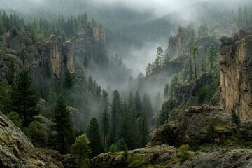 Misty forest canyon with steep rocky cliffs and tall evergreen trees.