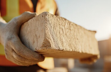 A close-up of a construction worker wearing gloves and an orange safety vest lifting a clay brick