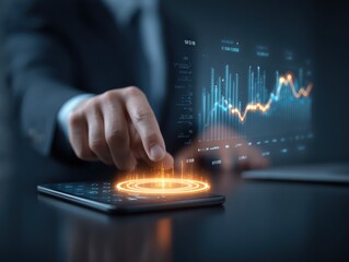 Businessman interacts with glowing holographic financial data projection.