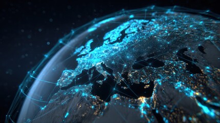 Glowing digital earth showing interconnected global network over continents.