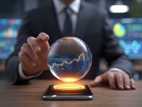 Businessman interacts with glowing holographic financial data sphere. - Powered by Adobe