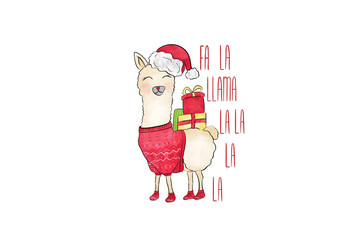 Cute llama wearing a Santa hat and carrying gifts for Christmas holiday celebration card Sublimation Design