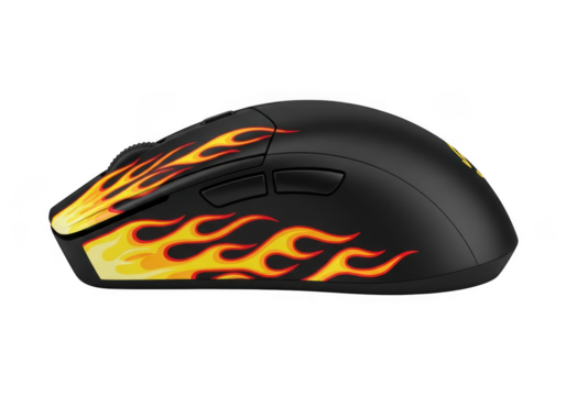 A black wireless computer mouse with a flame design isolated on transparent background
