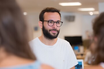 Obraz premium Focused Professional: A sharply dressed man with glasses and a beard engaged in a serious conversation. The natural light of the scene.