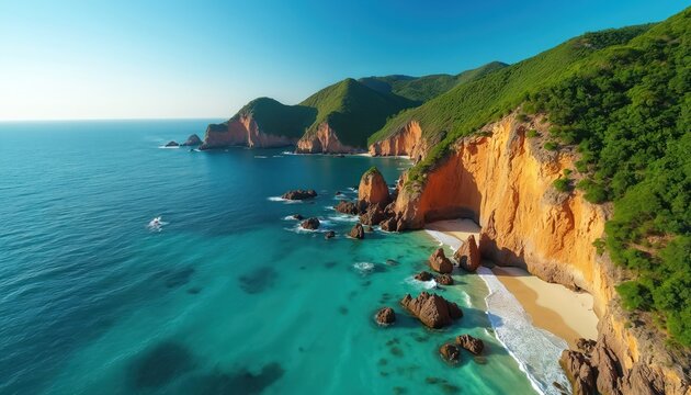 Aerial view of rugged coastline with sandy beaches, clear turquoise sea, and lush green hills. Jagged rock formations rise from calm ocean waters under a bright blue sky. - Powered by Adobe