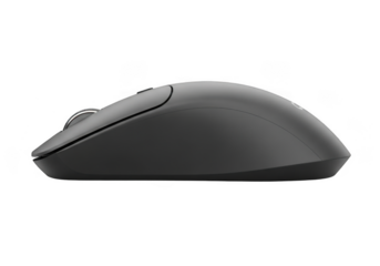 A sleek black wireless computer mouse isolated on transparent background is ready for work or play