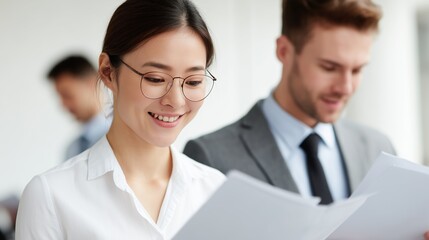 Fototapeta premium Smart Professionals: A portrait of two focused and intelligent business colleagues immersed in a critical review of important documents, working diligently in a shared office setting. 