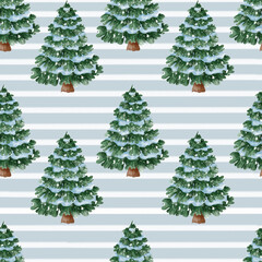 Watercolor seamless pattern with snowy Christmas trees. Cozy winter design perfect for holiday wrapping paper, textiles, greeting cards, and festive decorations.