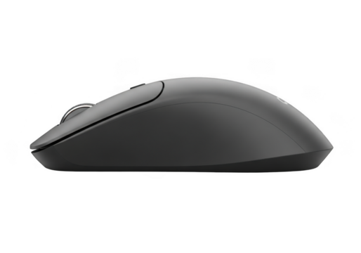 A sleek black wireless computer mouse isolated on transparent background is ready for work or play