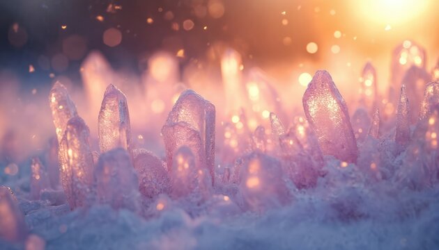 Crystal formations illuminated by soft light. Elegant ice crystals. Shiny gem stones reflects golden color. Macro photo presents magical scene, light refraction on crystal facets creates stunning