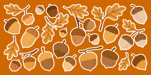 Acorn oak and leaf stickers set in autumn theme. Decorative vector elements in warm brown and orange colors. Collection inspired by forest nature and seasonal botanical details