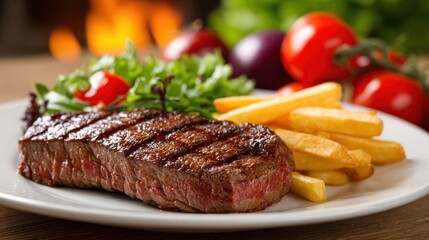 Grilled steak with fries and salad served on a white plate indoors.