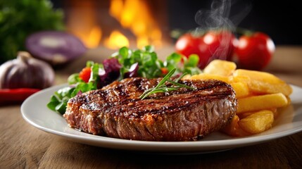 Steaming grilled steak with fries and salad on a plate.